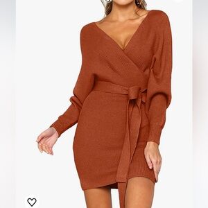 CHERFLY Dolman SLV Faux Wrap Backless Bodycon/Glam Belt Caramel Sweater Dress S
